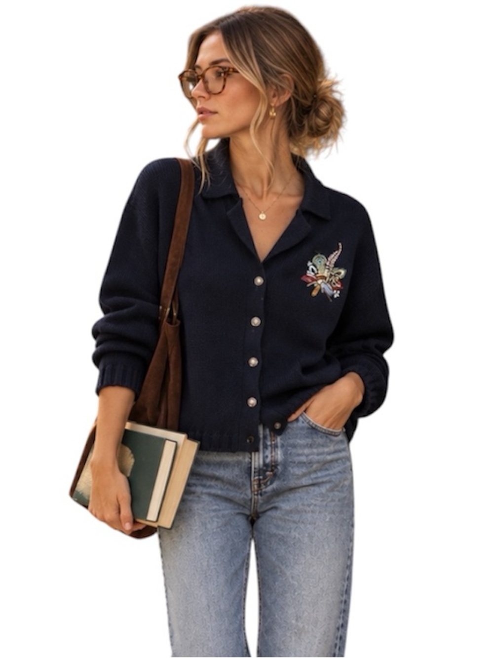 ❤️VTG 1997 Susan Bristol Black Wool Fall Floral Embroidered Collared Cardigan L